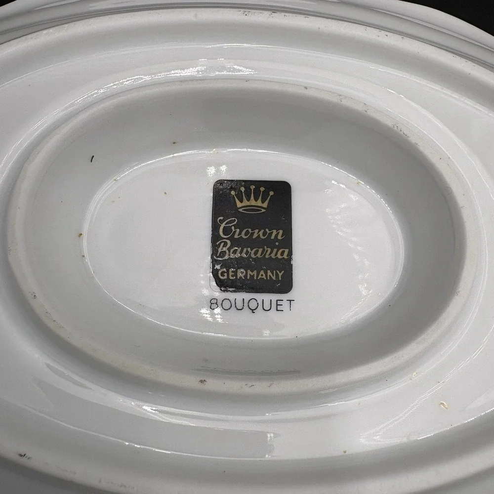 Crown Bavaria Germany Gravy Boat  Bowl Attached Platter Ladle Bouquet Floral Vtg